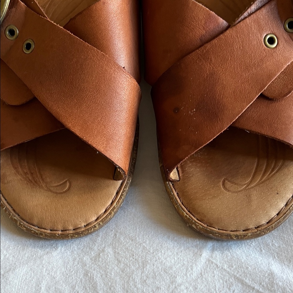 Born Brown Leather Cross Strap Slides - Picture 3 of 7